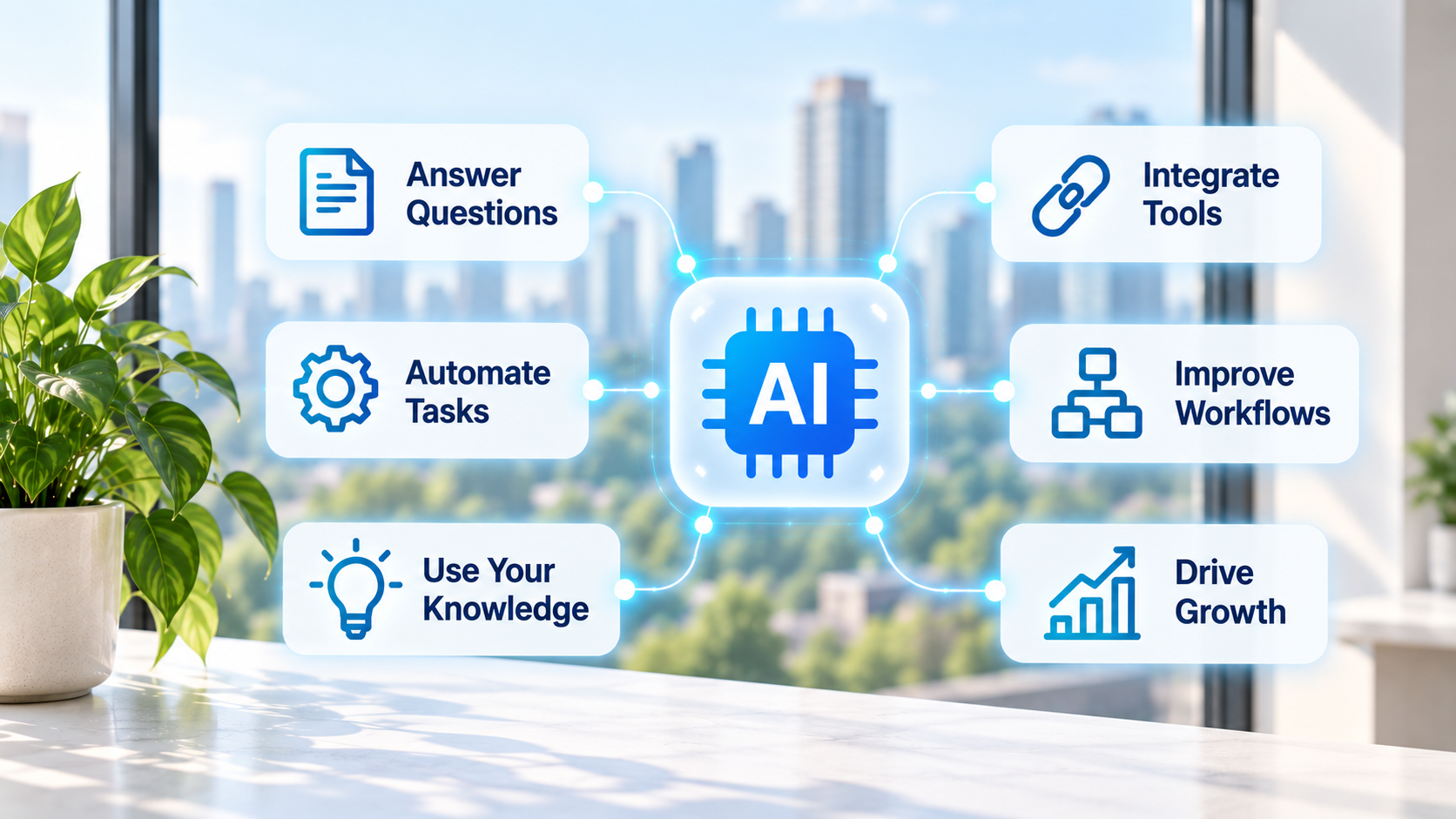 AI connecting business knowledge, answers, task automation, integrations, workflows, and growth